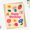 Happy Birthday Flowers & Cute Icons Spring PeachGreeting Card
