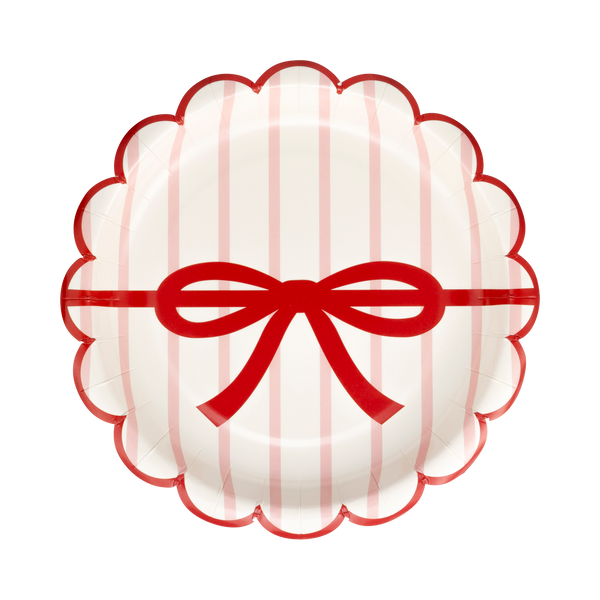 Red and Pink Green and Mint Stripes and Bow Scalloped Dessert Plate Set- 8pk