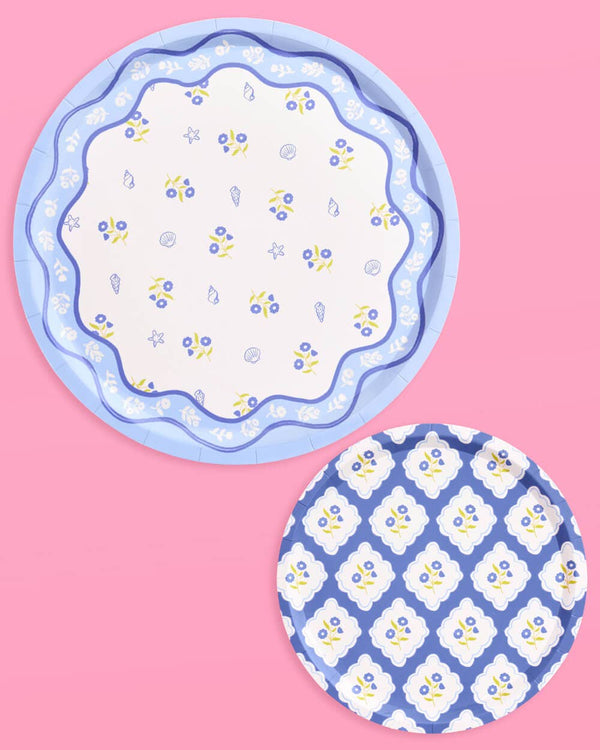 Blue White Coastal Dinner and Dessert Plates, 16 of each