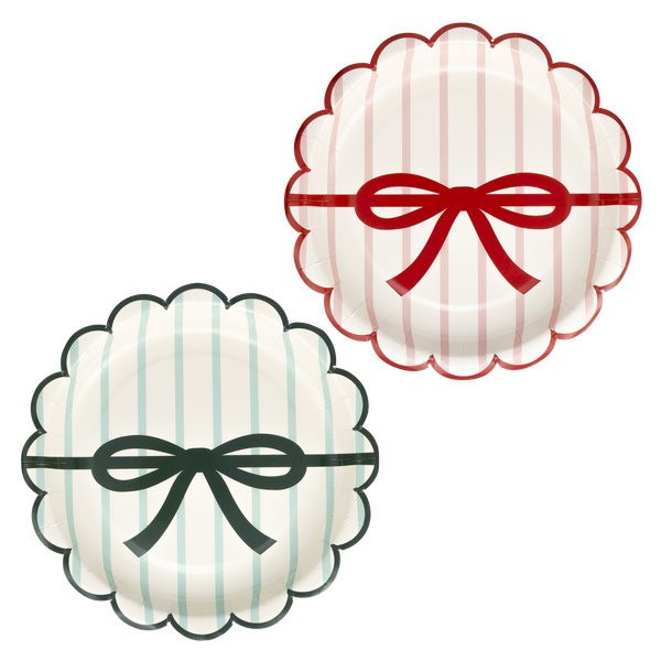 Red and Pink Green and Mint Stripes and Bow Scalloped Dessert Plate Set- 8pk