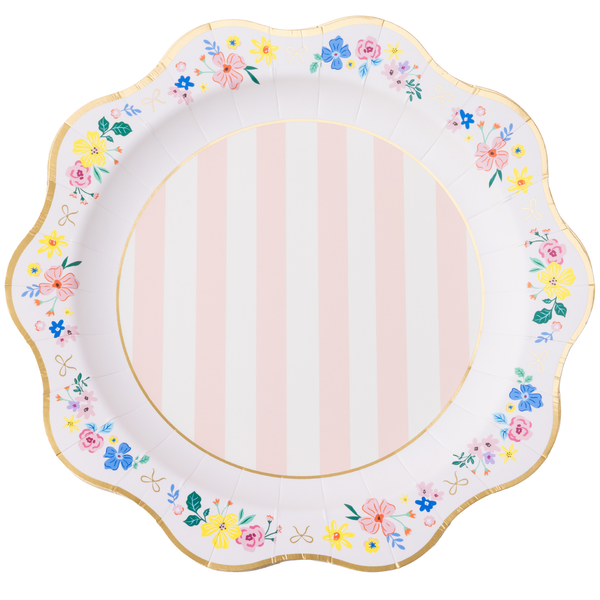 Elegant Floral and Stripe Dinner Plates, 8pk