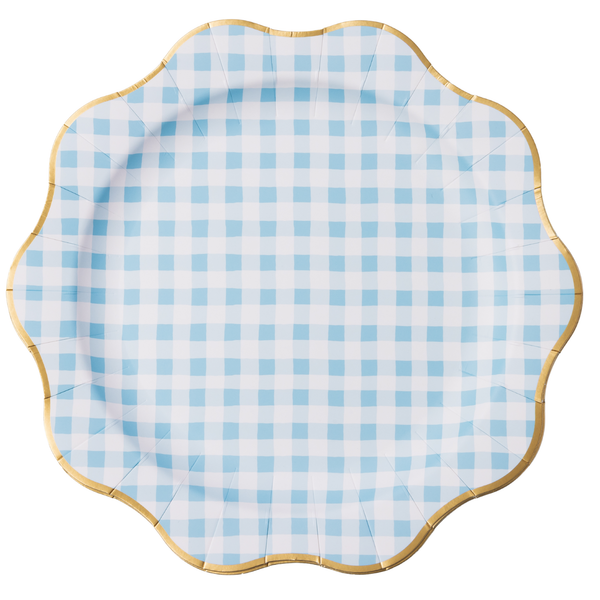 Elegant Sky Blue Gingham Dinner Plates, 8pk