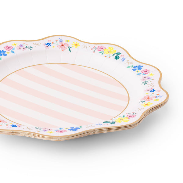 Elegant Floral and Stripe Dinner Plates, 8pk