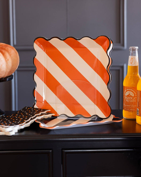 Orange & Black Striped 10" Paper Plate Set, 8pk