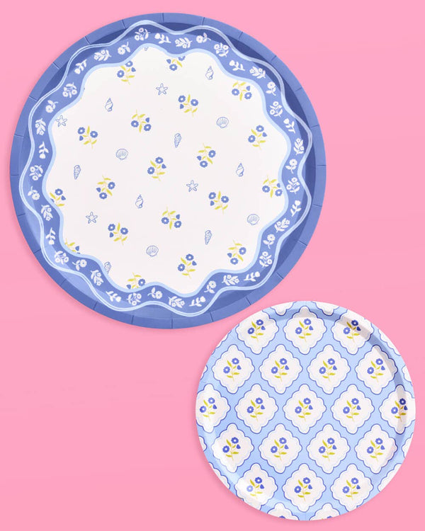 Blue White Coastal Dinner and Dessert Plates, 16 of each