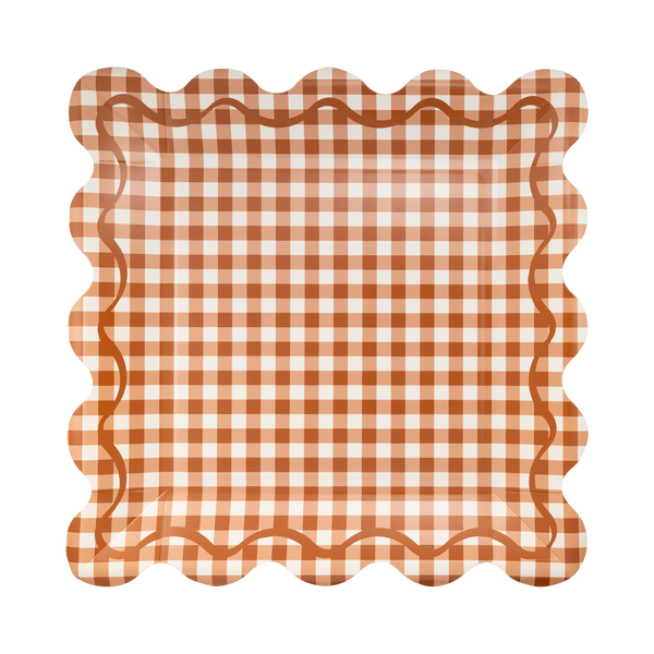 Rust Gingham Scalloped Square Dinner Plates, 8pk