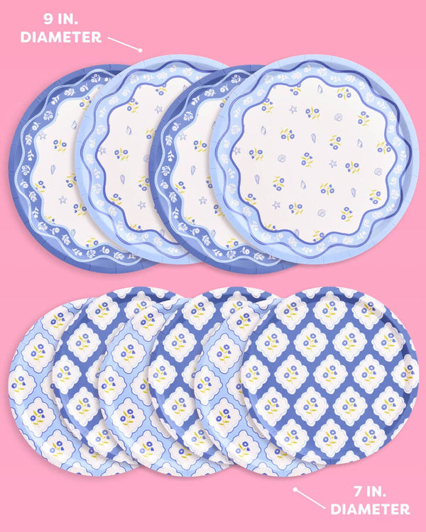 Blue White Coastal Dinner and Dessert Plates, 16 of each