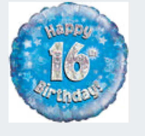 18” Happy 16th Blue Mylar balloon