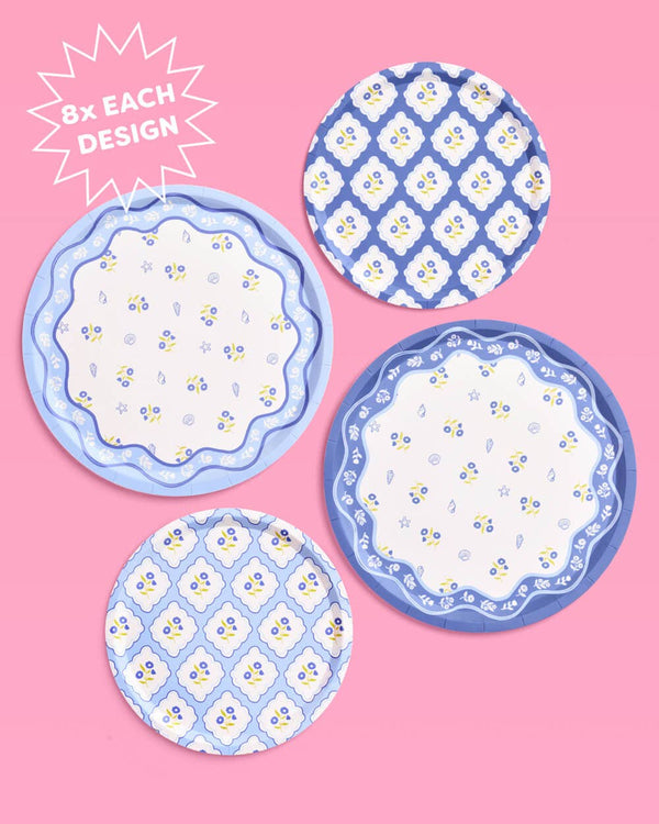 Blue White Coastal Dinner and Dessert Plates, 16 of each